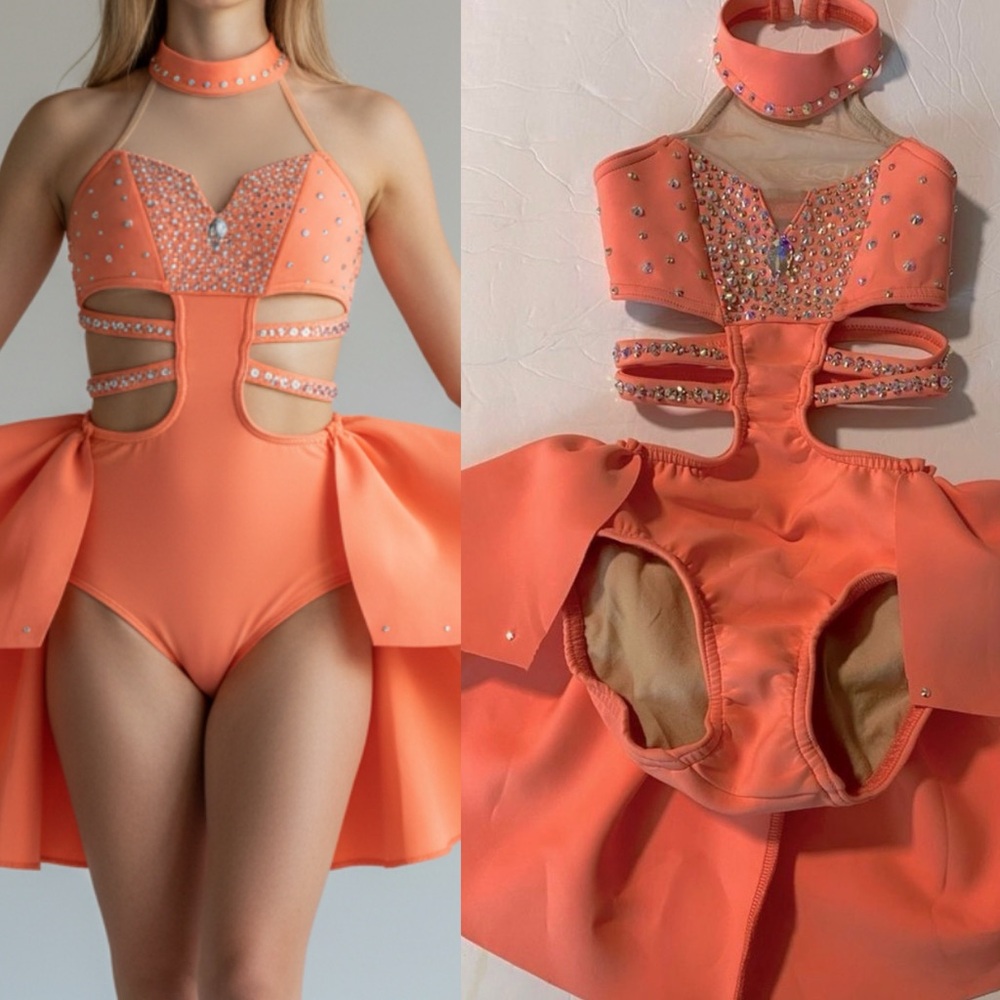 Reverence custom solo dance costume coral dress leotard rhinestoned SC YS child